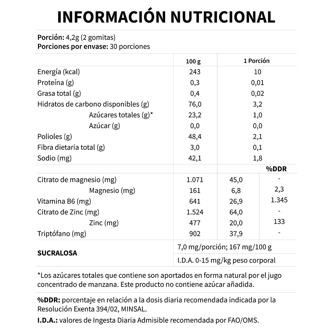 Información nutricional Gomitas Dreams Vitagummy